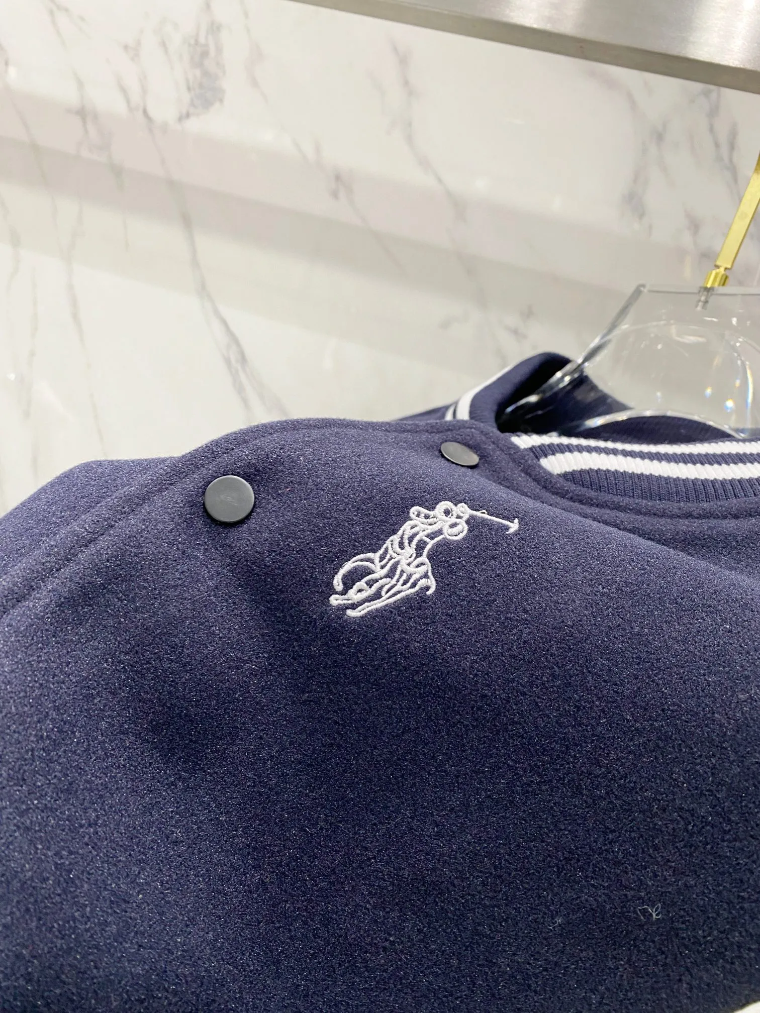 P310 Ralph Lauren Pony Embroidered American Retro Wool Spliced ​​Leather Baseball Jacket with Big Logo on the Back Color: Navy Size: m-XL